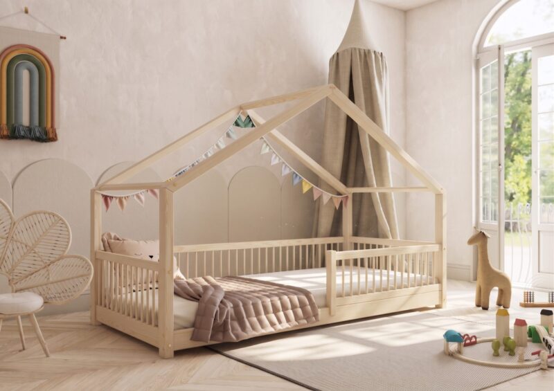 MURLO Klassisches Kinderbett aus Holz mit runden Sprossen, niedrig – Versand in 48 h