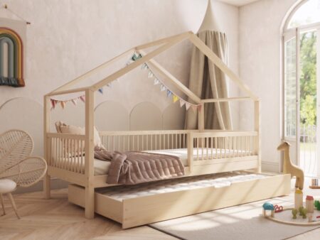 MURLO Klassisches Kinderbett aus Holz mit runden Sprossen und Schlafschublade – Versand in 48 h