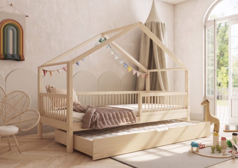 MURLO Klassisches Kinderbett aus Holz mit runden Sprossen und Schlafschublade – Versand in 48 h