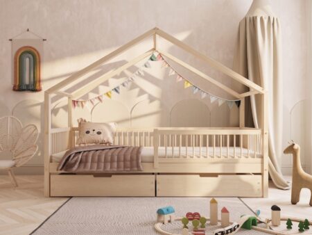 MURLO Klassisches Kinderbett aus Holz mit runden Sprossen und Bettwäsche-Schublade – Versand in 48 h