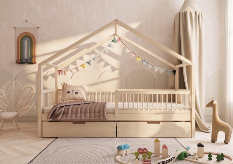 MURLO Klassisches Kinderbett aus Holz mit runden Sprossen und Bettwäsche-Schublade – Versand in 48 h