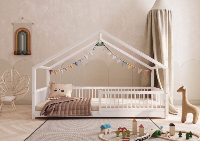 MURLO Klassisches Kinderbett aus Holz mit runden Sprossen, niedrig