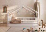 MURLO Klassisches Kinderbett aus Holz mit runden Sprossen und Bettwäsche-Schublade