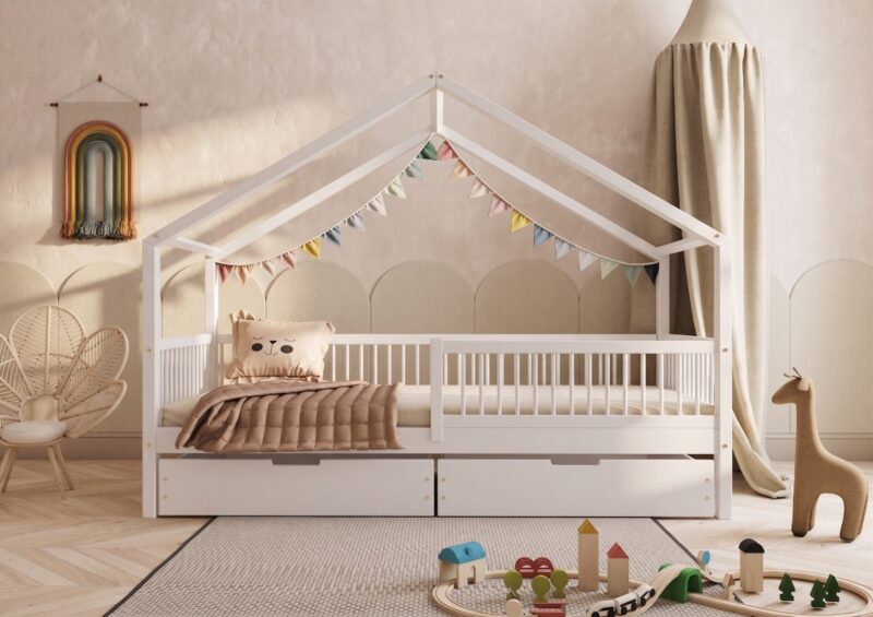 MURLO Klassisches Kinderbett aus Holz mit runden Sprossen und Bettwäsche-Schublade