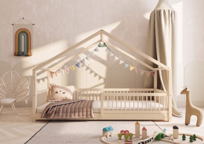 MURLO Klassisches Kinderbett aus Holz mit runden Sprossen, niedrig – Versand in 48 h