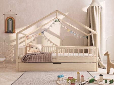 MURLO Klassisches Kinderbett aus Holz mit runden Sprossen und Schlafschublade – Versand in 48 h