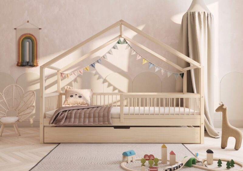 MURLO Klassisches Kinderbett aus Holz mit runden Sprossen und Schlafschublade – Versand in 48 h