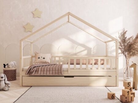 DORMIO Hausbett aus Holz mit rechteckigen Sprossen und Schlafschublade – Versand in 48 h