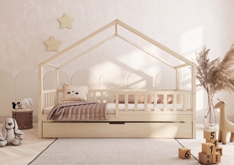 DORMIO Hausbett aus Holz mit rechteckigen Sprossen und Schlafschublade