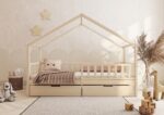 DORMIO Hausbett aus Holz mit rechteckigen Sprossen und Bettwäsche-Schublade
