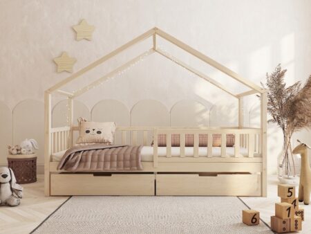 DORMIO Hausbett aus Holz mit rechteckigen Sprossen und Bettwäsche-Schublade – Versand in 48 h