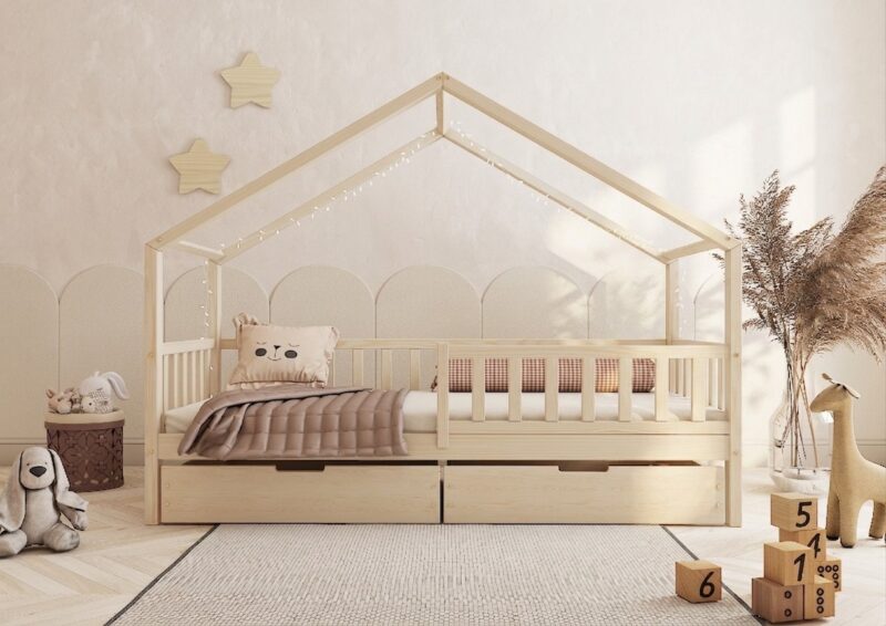 DORMIO Hausbett aus Holz mit rechteckigen Sprossen und Bettwäsche-Schublade