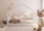 DORMIO Hausbett aus Holz mit rechteckigen Sprossen und Bettwäsche-Schublade