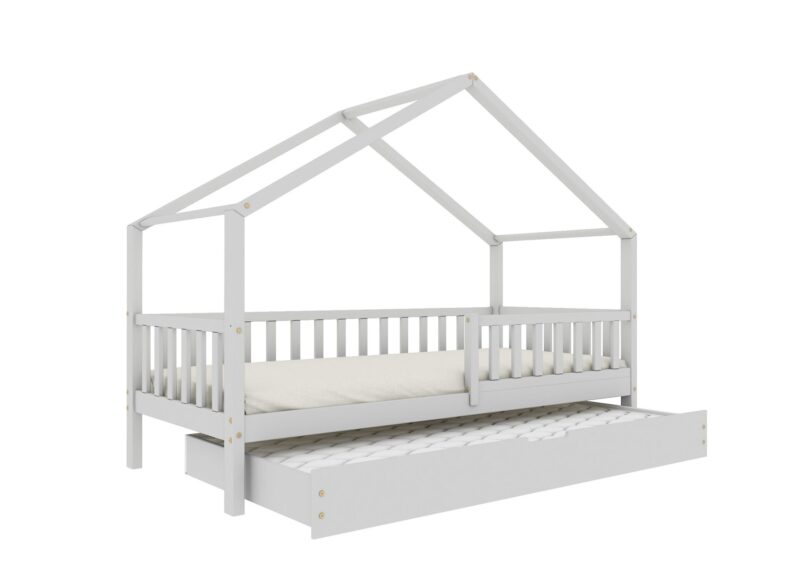 DORMIO Hausbett aus Holz mit rechteckigen Sprossen und Schlafschublade