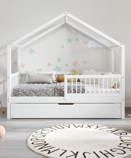 Hausbett für Kinder murlo mit Bettwäsche-Schublade weiß 4