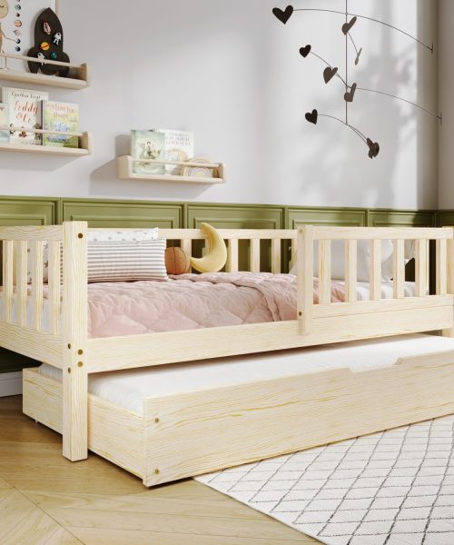 LENA Klassisches Kinderbett aus Holz mit Zaun-Rausfallschutz und Schlafschublade